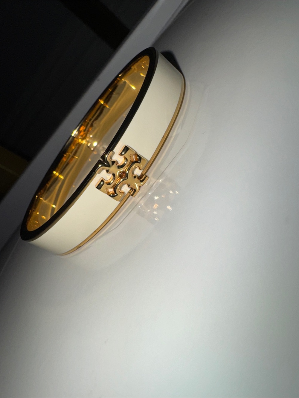 Tory Burch Cream and Gold Enamel Logo Hinge Bracelet